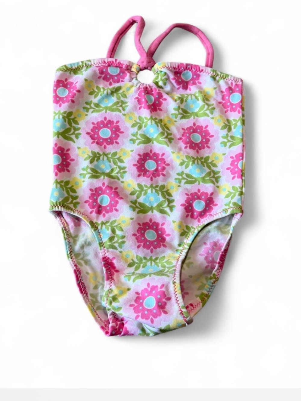 Baby Gap vintage y2k Girls 3-6m Pink Floral One-Piece Swimsuit with Aqua Accents